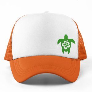 🆕Sea Turtle Hibiscus Flower Foam Trucker Hat Mesh Snapback Cap Orange/White